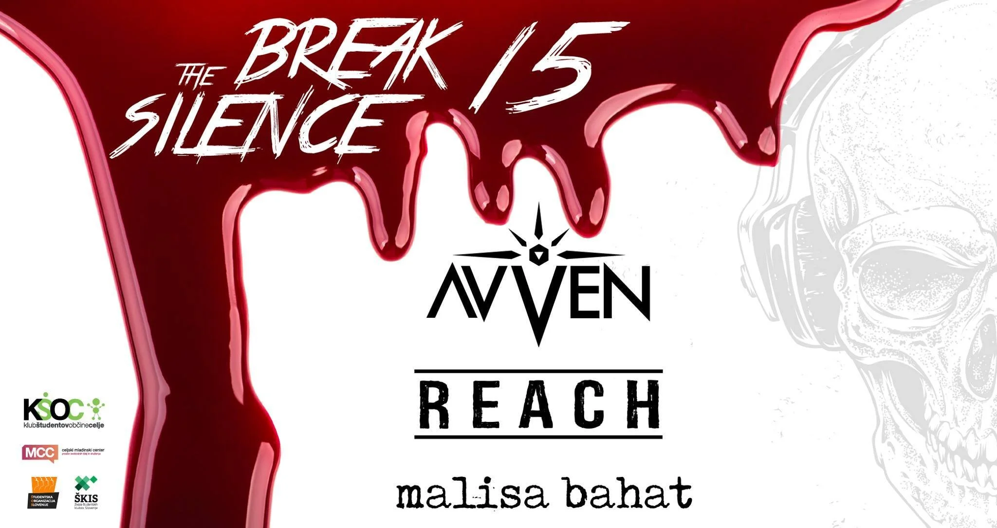 Poster for the event 'The Break Silence 15', organized by Aven, with the theme 'Peace' and featuring the slogan 'Malisa Bahat'. 