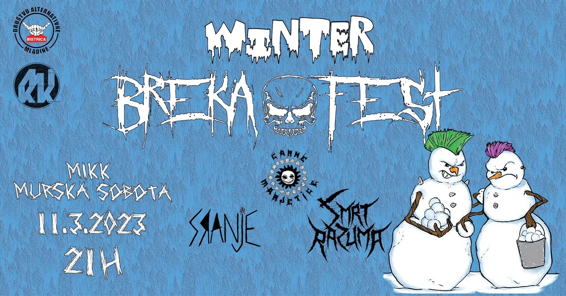 Blue poster for a winter event featuring animated snowmen with punched noses, one with a green mohawk and another with purple hair, and various cultural and artistic logos and text.