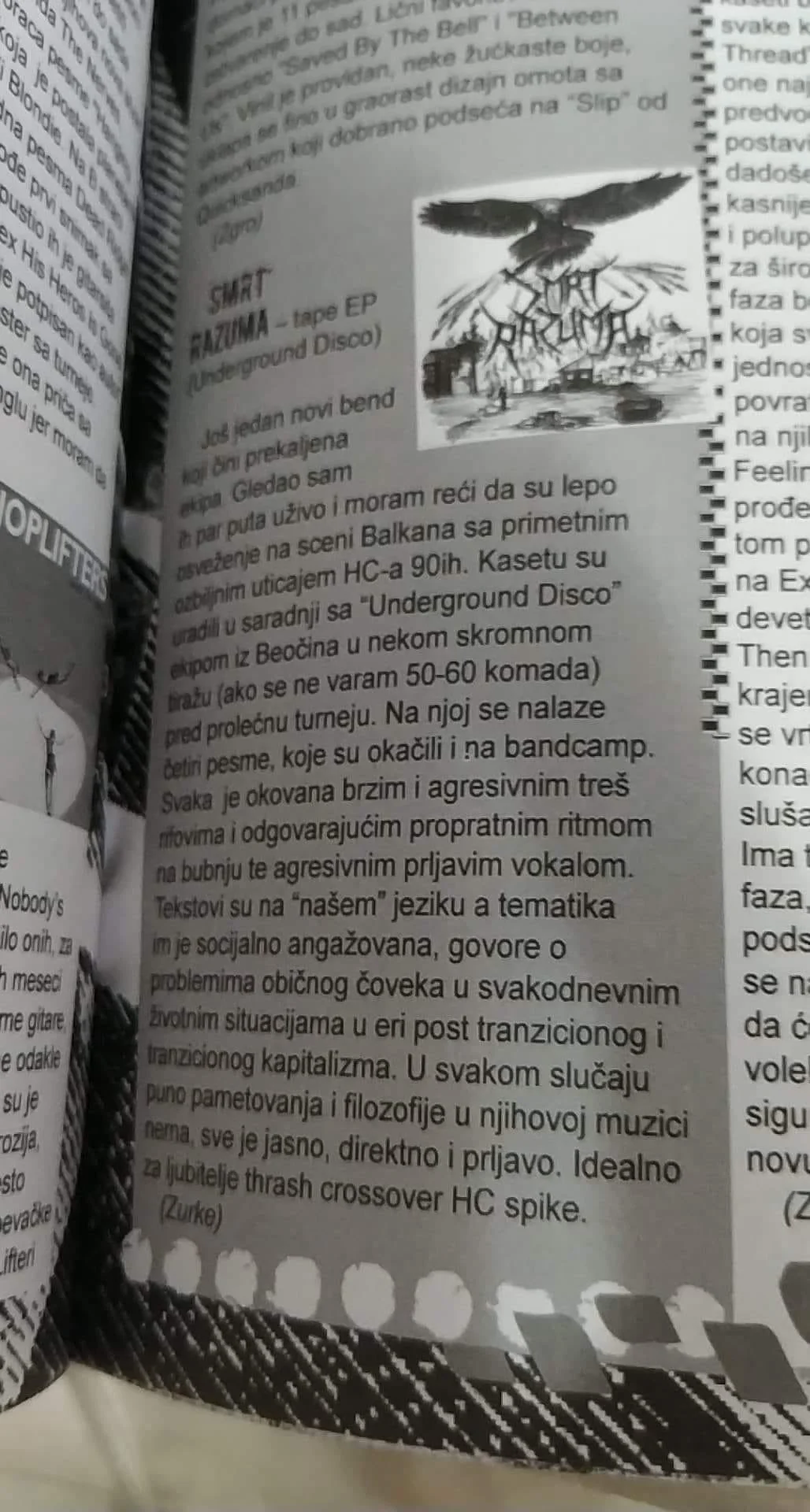 Black and white image of a newspaper or magazine page featuring a drawing of a bird, possibly a crow or raven, flying over a landscape with buildings. The page has text in Serbian or Croatian language, discussing music, underground scenes, and social