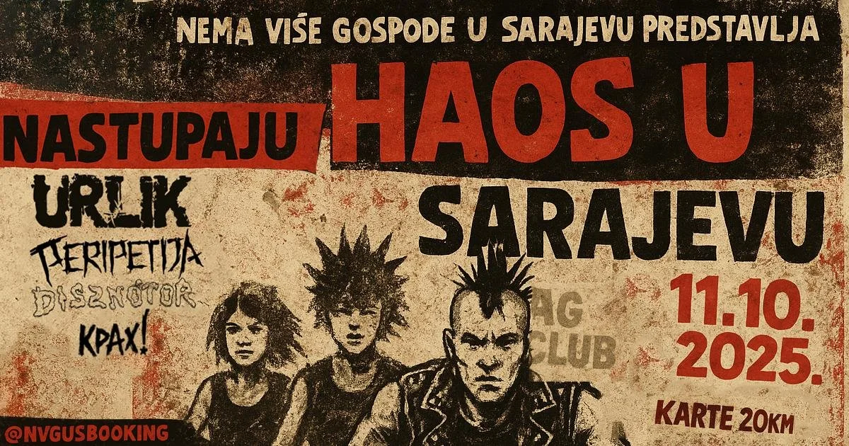 Concert poster in Sarajevo advertising bands Urik, Teripeta, and Dissector on November 10, 2025, with a ticket price of 20 KM, featuring punk music graphics and images of punk band members.