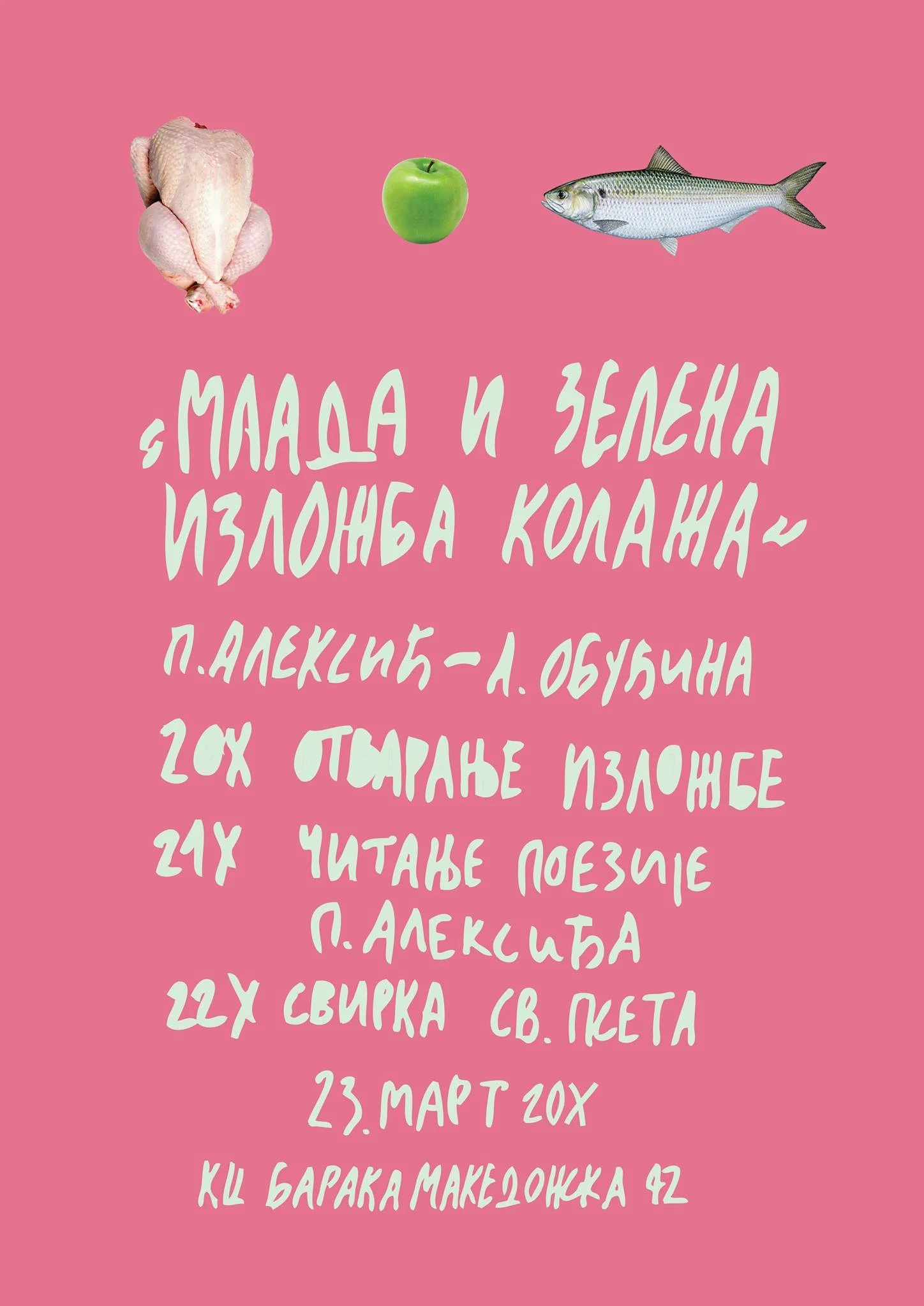 Pink background with three images: a raw chicken, a green apple, and a fish. Below the images, there is handwritten Cyrillic text listing dates and menu items in Serbian.