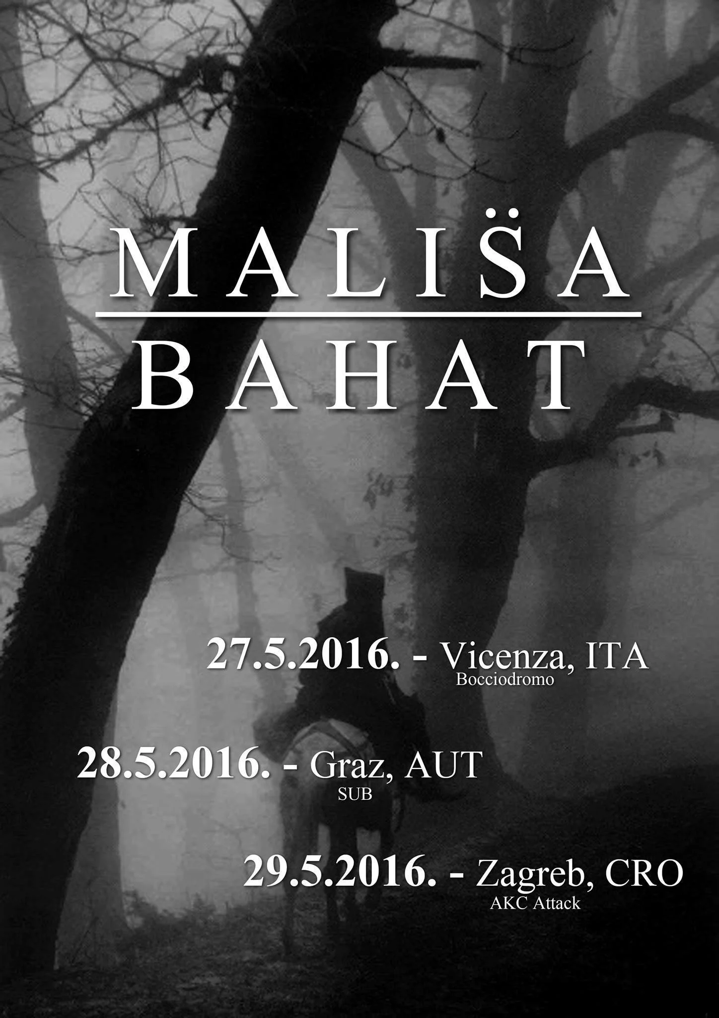 Black and white photo of leafless tree branches and a foggy background with event details overlaid in white text, including dates and locations from May 27 to May 29, 2016, in Italy and Croatia.