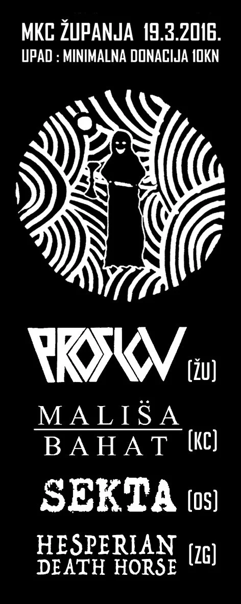 Event poster with the date March 19, 2016, at MKC Županja, featuring a minimal donation of 10 KN. Bands and artists listed include Proslov (Žu), Mališa Bahat (KC), Sekta (Os), Hesperian Death Horse (ZG).