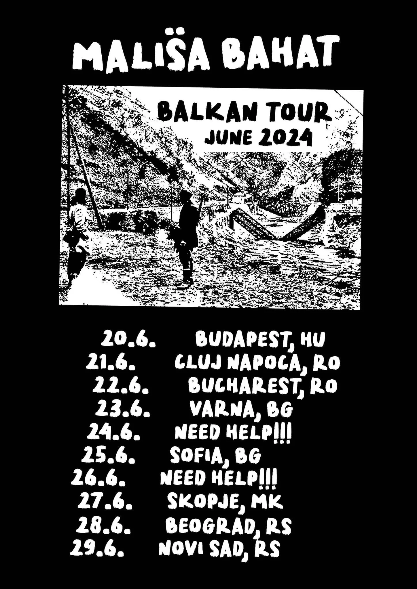 Black and white poster for Malisa Bahat's Balkan Tour June 2024, listing dates and cities including Budapest, Cluj Napoca, Bucharest, Varna, Sofia, Skopje, Belgrade, and Novi Sad.