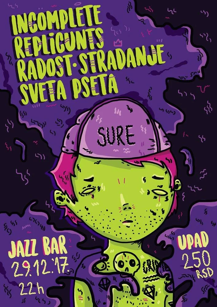 A stylized cartoon poster advertising an event at Jazz Bar on December 29, 2017, at 10 PM, featuring a green-skinned character with pink hair wearing a purple cap that says 'SURE', with Turkish text about a musical event, and ticket price of 250 RSD.
