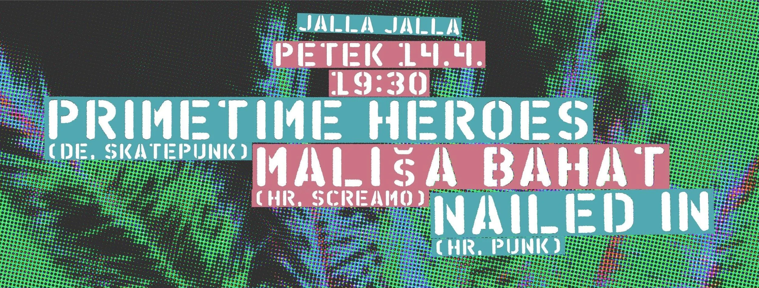 Event poster with colorful text blocks on a background of halftone-style abstract artwork. 
