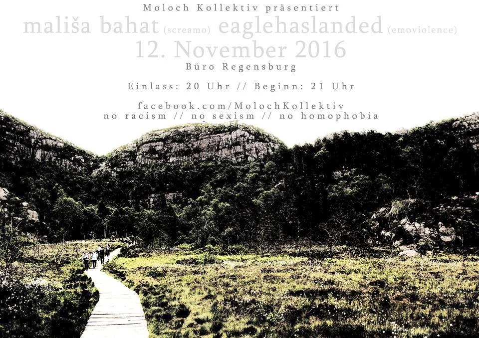 A poster advertising a music event featuring Mališa Bahat and Eaglehaslanded, held on November 12, 2016, in Regensburg, Germany. The poster shows a nature scene with a walking path through a field of grass and trees, with mountains in the background.