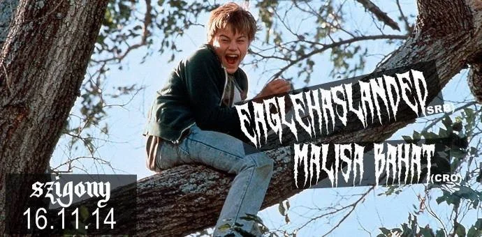 A young boy sitting on a tree branch, laughing or shouting, with a superimposed text showing the names 'Eaglehaslanded,' 'Malisa Bahat,' and dates.