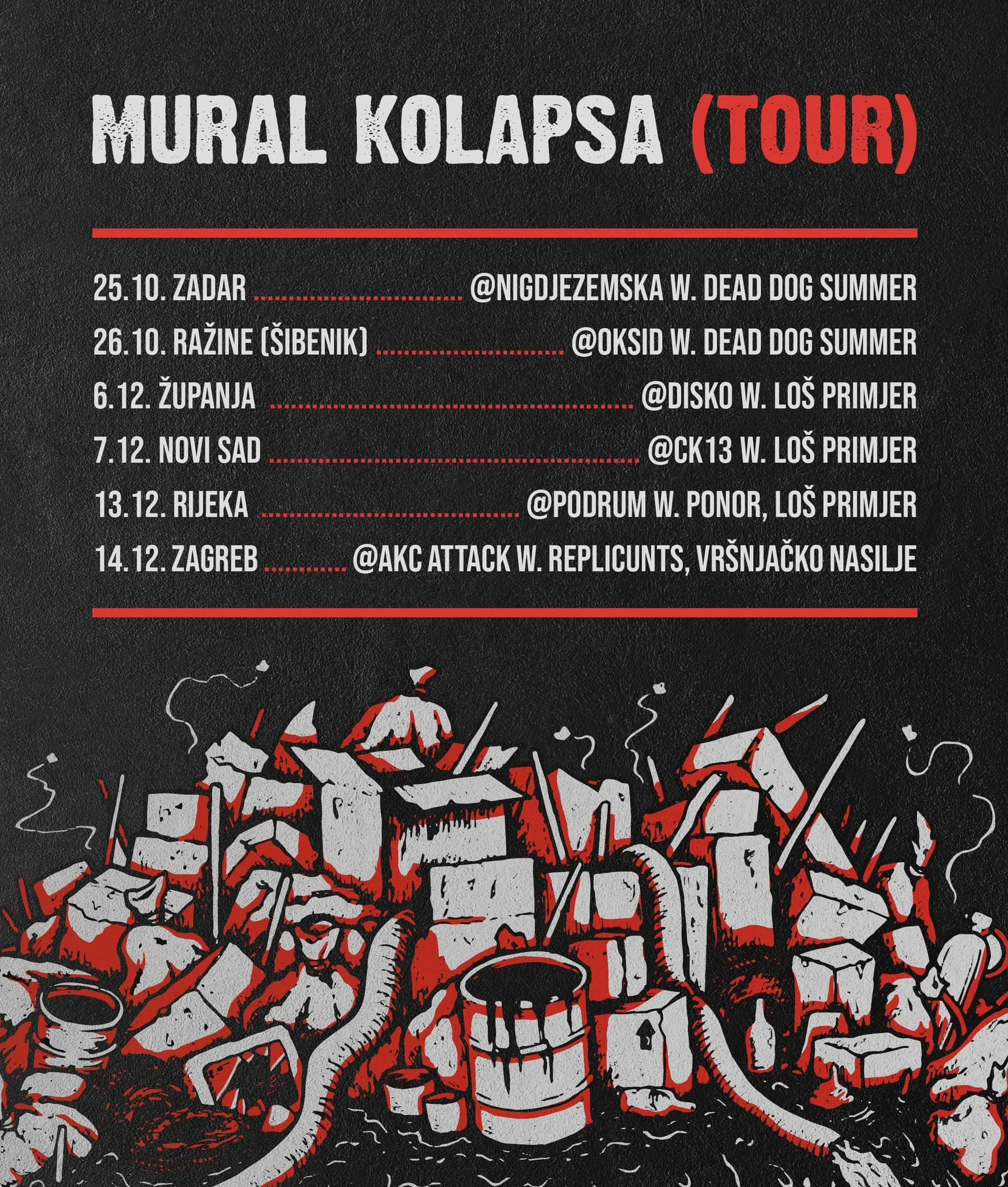 Event poster for the 'Mural Kolapsa (Tour)' featuring tour dates in Zadar, Ražine, Županja, Novi Sad, Rijeka, Zagreb, and others, with the graphic of a skull and motorcycle engine in grunge style in black, white, and red colors.