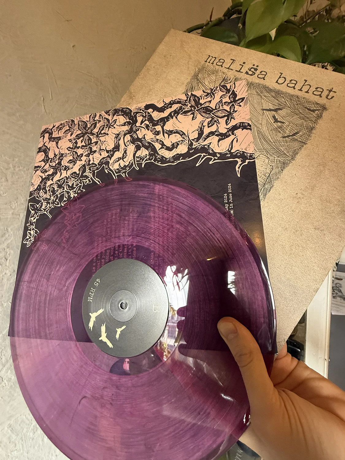 A person holding a pink and purple vinyl record and a brochure for Malisa Bahat, featuring floral and bird illustrations.