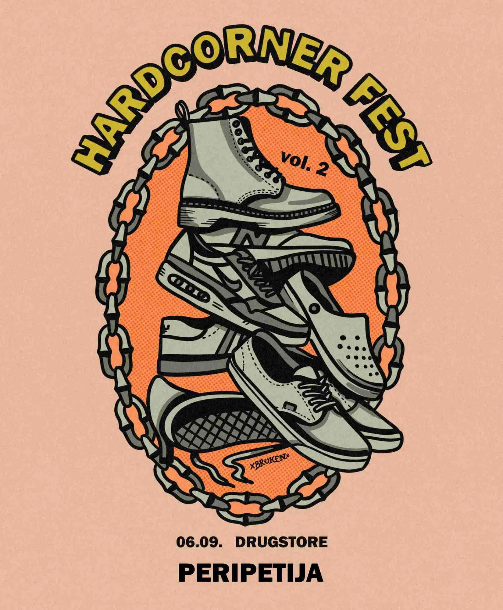 A graphic illustration of a sneaker inside a chain, with text that reads "Hardcore Forest Vol. 2" above, and "06.09. Drugstore - Peripetija" below. The background is a solid peach color.