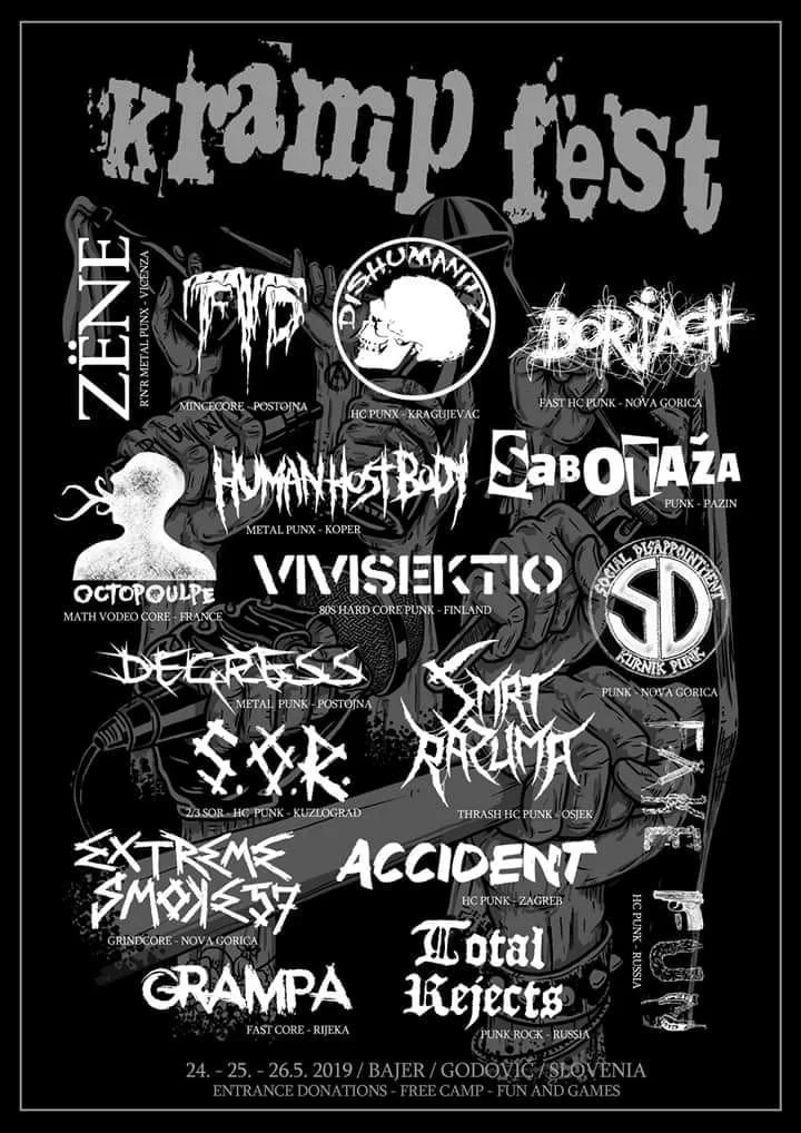 Black and white poster for 'Kramp Fest' featuring logos and names of various punk and hardcore music bands, along with event details including dates, location, and information about donations and activities.