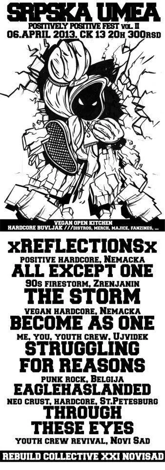 A poster for the Serbian UMEA festival on April 6, 2013, featuring a black and white cartoon of a character breaking through a wall, surrounded by text promoting various bands and themes related to hardcore, punk, and youth activism.