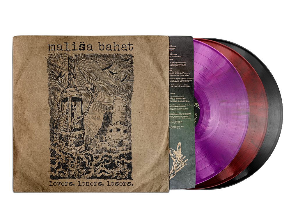An album cover titled 'lovers. loners. losers.' by mališa bahat. The cover features a black-and-white illustration of a figure wearing a bell around their neck, holding a plant, with a castle and birds flying in the background. Two colored vinyl records, one purple and one red, are partially visible to the right of the album cover.