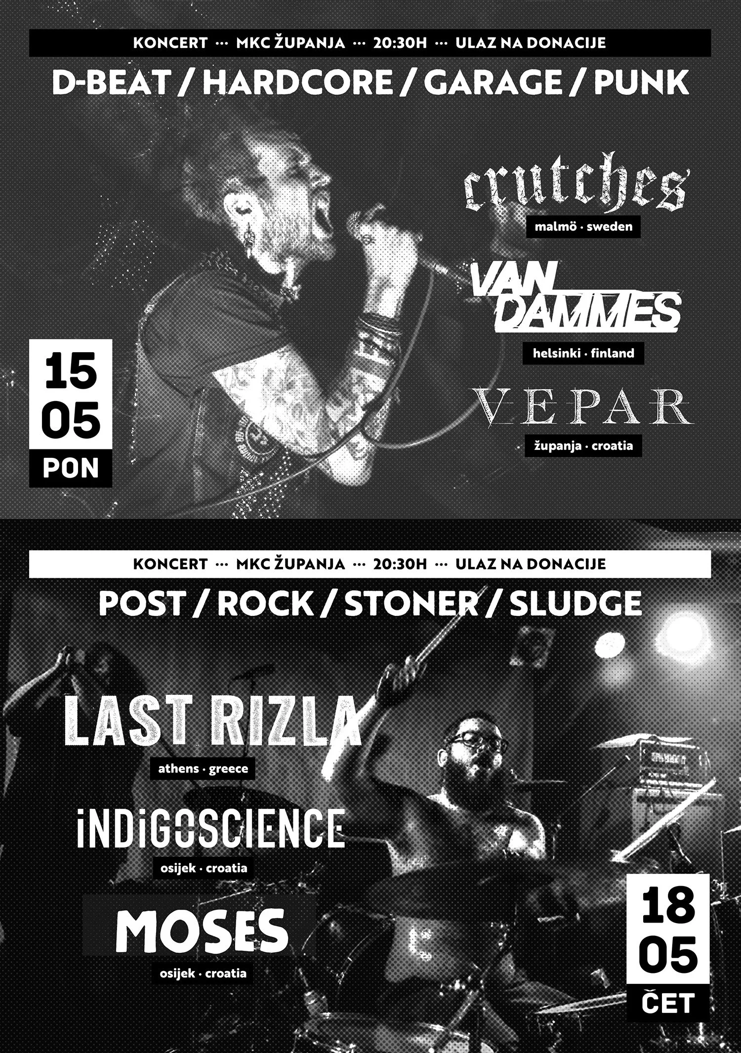 Concert poster featuring three bands: Crucches from Malmö, Sweden; Van Dames from Helsinki, Finland; and IndigoScience from Osijek, Croatia. The event is on May 18th, 2023, in Osijek, Croatia, starting at 8:30 PM. The poster has a black and white des
