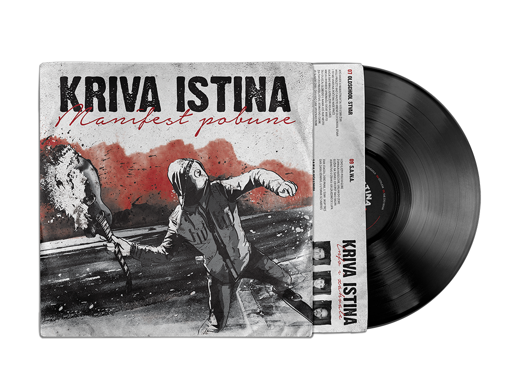 Album cover titled "KRIVA ISTINA Manifest pobune" with a black vinyl record partially visible.