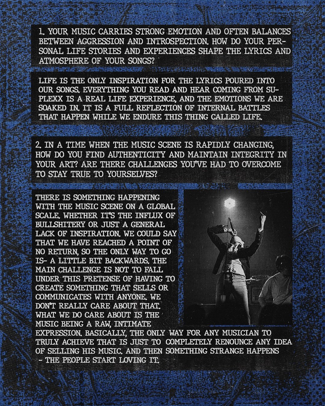Text block discussing the emotional impact of music, the importance of authenticity in art, and the challenges faced by musicians, alongside a black and white photo of a singer performing on stage with a microphone, with a person seated in the foregr