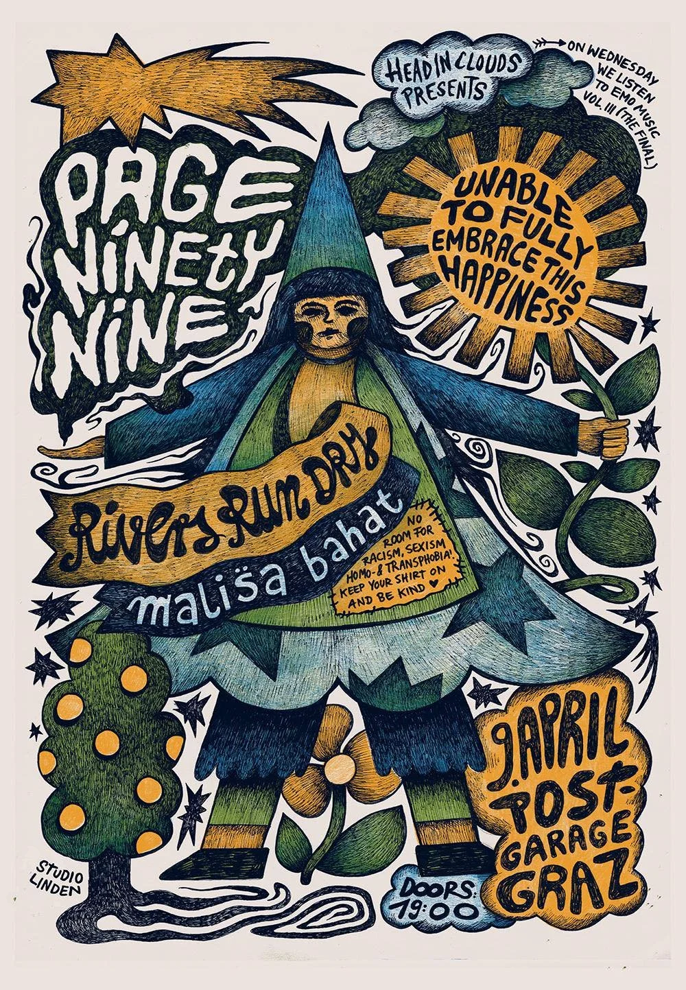 Colorful illustrated poster for a music event featuring Page Nineth Nine, presented by Head Clouds. The event highlights include embracing happiness, with a focus on anti-racism, sexism, homophobia, and transphobia. The poster shows a whimsical figur