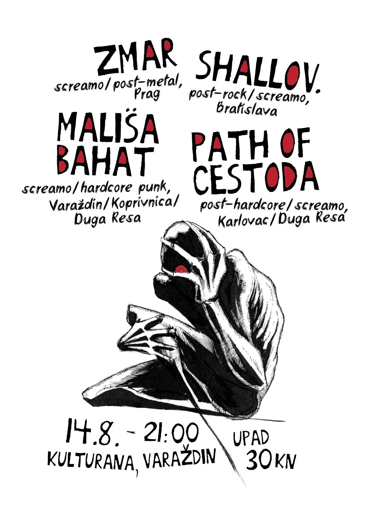 Event poster featuring a black and white illustration of a person in a hoodie and face mask. The text highlights music genres and bands. Event details include date, time, location, and ticket price.
