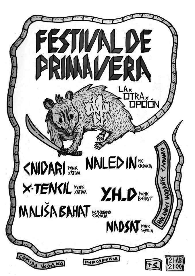 Black and white illustration of a poster for a spring festival, featuring a rat wielding a sword and the text in Spanish.