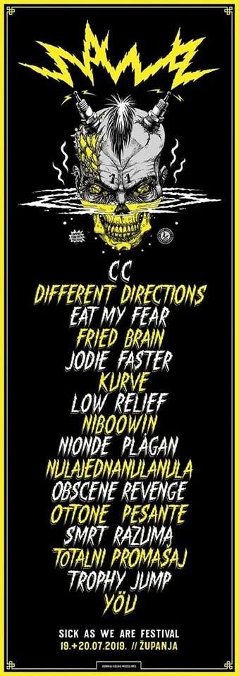 A band poster featuring a skull with a mohawk, syringes on its head, and yellow lightning bolts. List of band names and a festival event at the bottom.