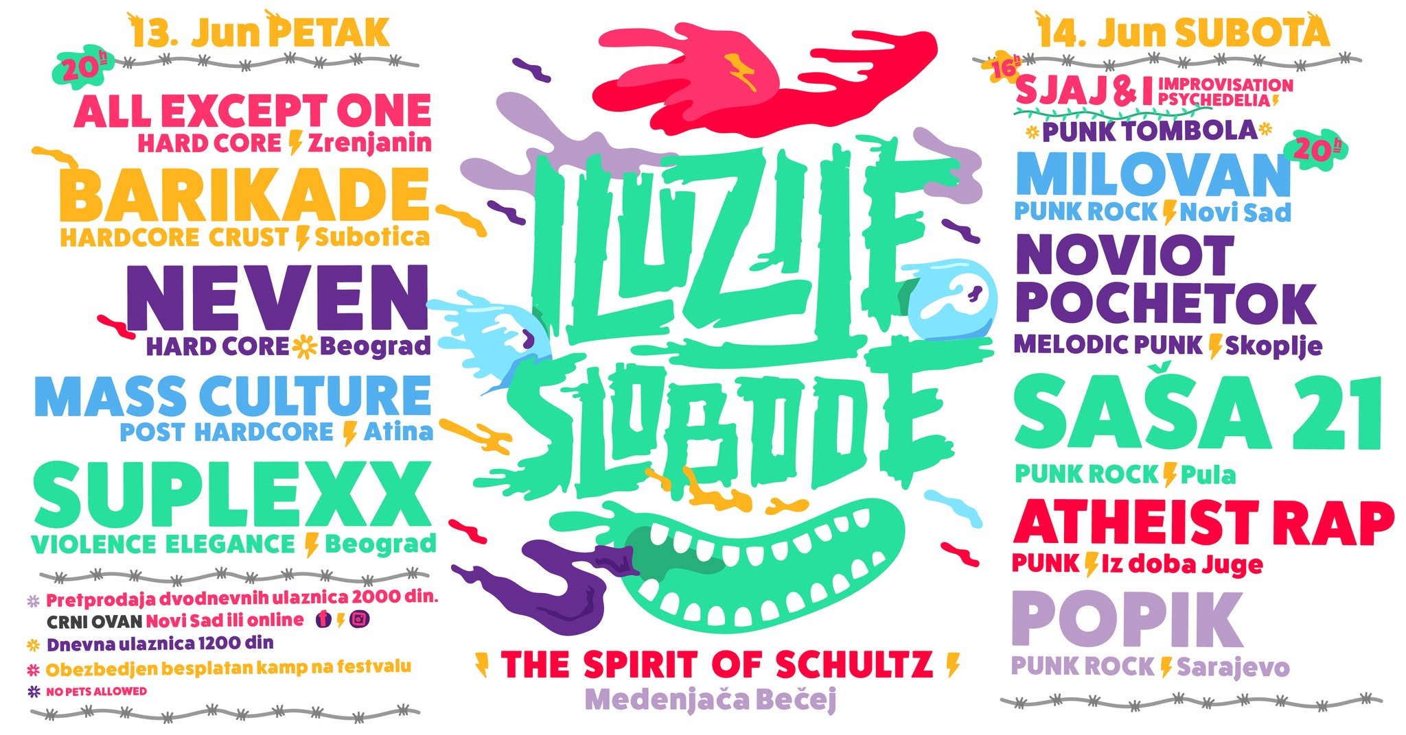 Colorful poster with various text in different colors and fonts, including dates, event types, locations, and prices, about a music festival or concert event in Serbia, featuring genres like punk rock, hardcore, and punk. The poster also contains ill