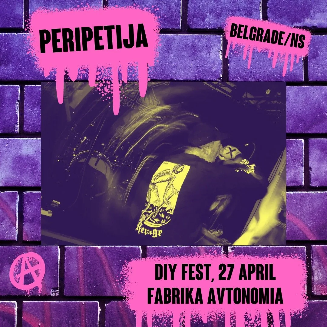 Promotional poster for a DIY festival in Belgrade, Serbia, on April 27 at Fabrika Autonomia, with graffiti-style graphics and pink spray paint effects.