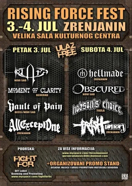 Poster for the Rising Force Fest music event from July 3 to July 4 at Velika Sala Kulturnog Centra, featuring bands like Novi Sad's Petak 3 Jul, Beograd's Moment of Clarity, and other bands from different cities, with a promotion stand and informatio