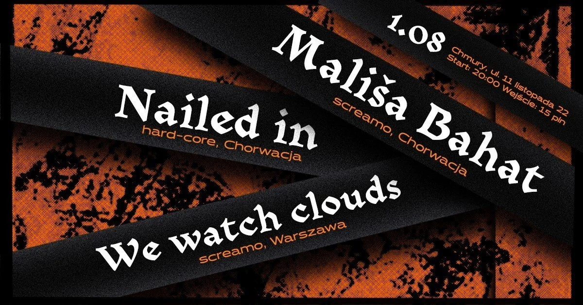 Graphic design with black ribbon-like banners displaying event details in white and orange text against an abstract orange and black textured background. The event features Malisa Bahat and Nailed In.