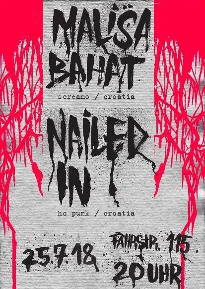 Flyer for a music event featuring Malša Bahat (screamo) and Nailed In (HC punk), held on July 25, 2018, at Tampere, with a start time of 10 PM. The design includes black text on a gray background with pink abstract tree-like patterns on either side.