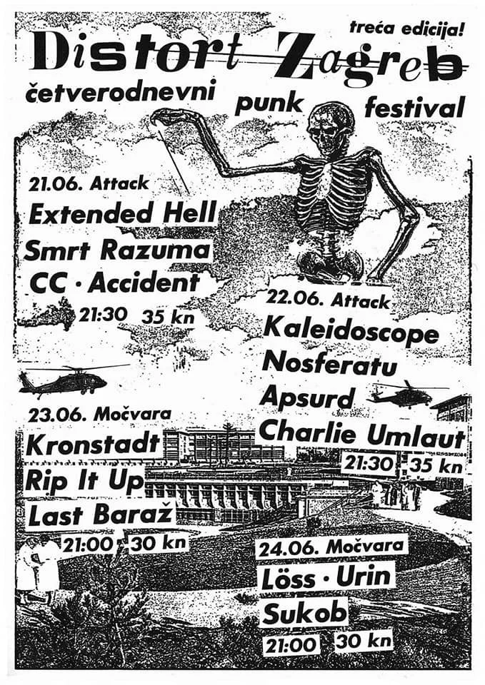Black and white flyer for the third edition of the Distrort Zagreb punk festival, featuring a skeleton illustration and band lineups with dates, times, and ticket prices.