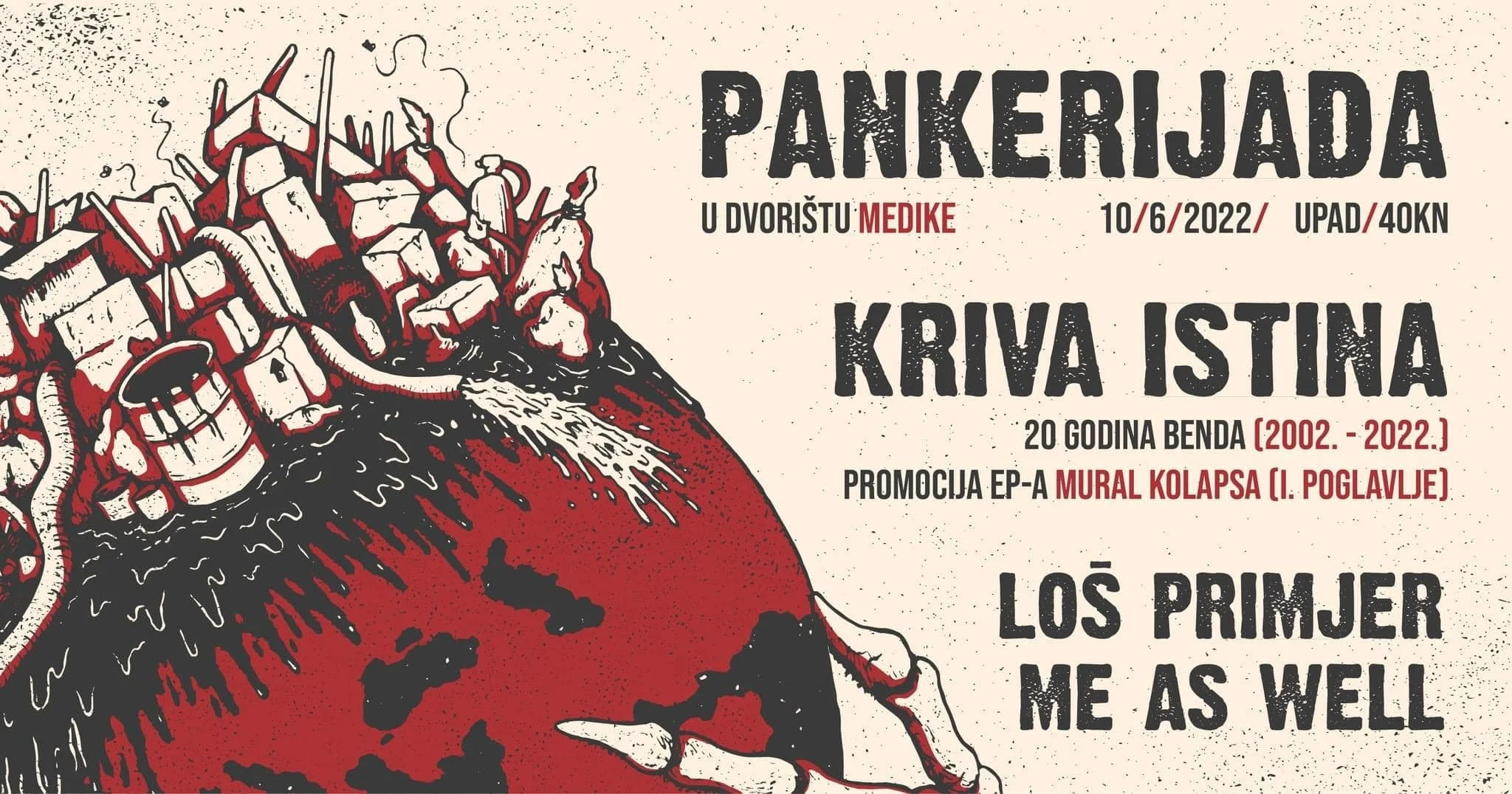 Poster advertising an event called 'Pankerjada' in Medike on June 10, 2022, at UPAD for 40 KCN. The poster features an illustration of a volcano erupting with buildings and construction cranes on top of it, and the event commemorates 20 years of the 