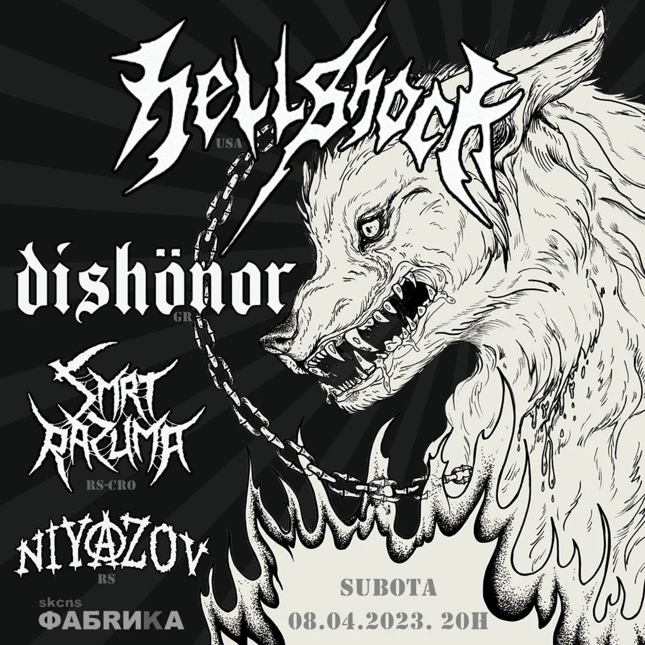 Black and white illustration of a fierce, snarling wolf with dripping saliva and sharp teeth, accompanied by various band logos in a heavy metal style, and event details for a concert on April 8, 2023.