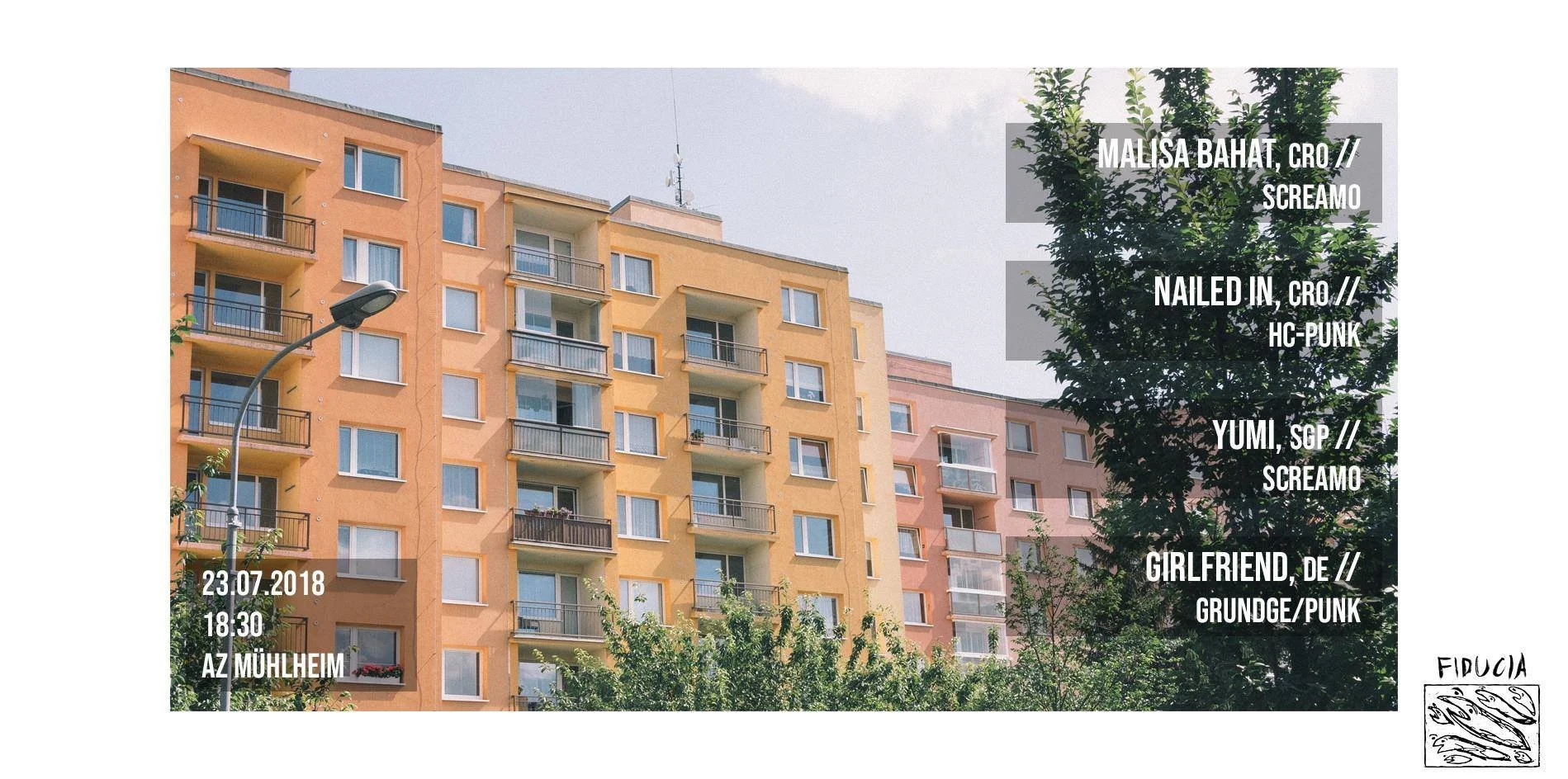 Photo of a colorful apartment building with balconies and a streetlamp in front, some trees in the foreground, with overlay text listing dates, times, and names of bands or artists.