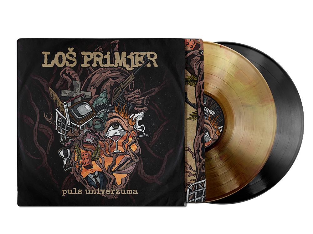 Vinyl record album cover titled "Loš Primjer" with an illustrated lion's face surrounded by various objects and elements, and the subtitle "puls univerzuma".