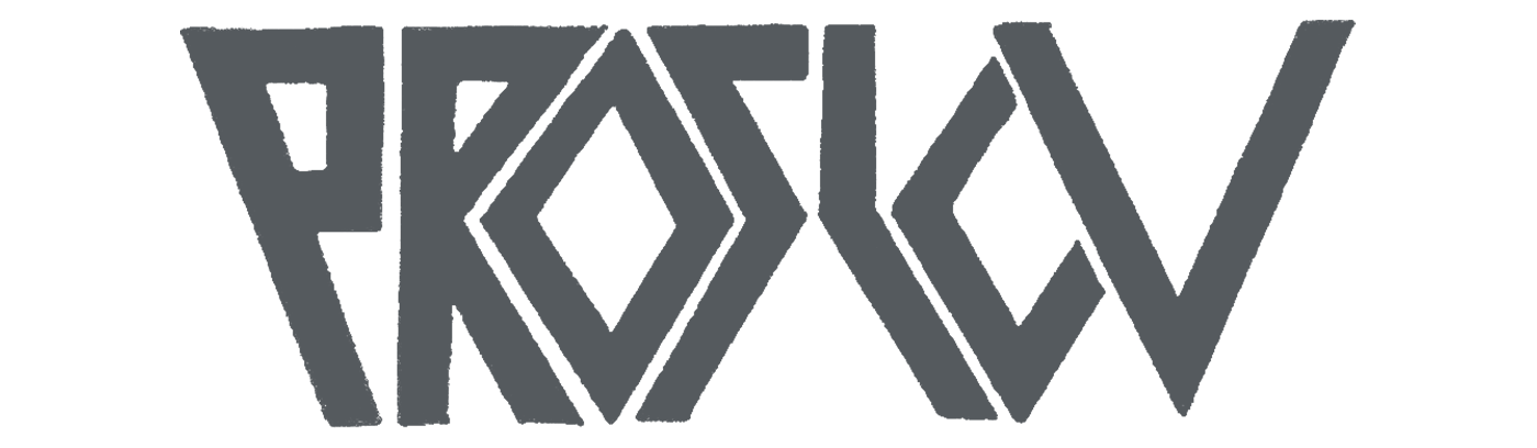Stylized black and gray logo spelling 'Proslov' with sharp, angular font.