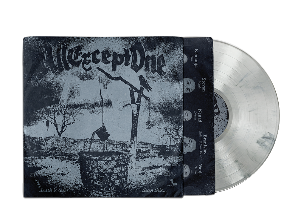 A vinyl record album titled 'All Except One' with a dark, artistic cover art featuring a crow on a power line, a tree, and a well, with the phrase 'death is safer than this...' at the bottom. The album includes songs by artists such as Nermiah, Stefan, Nendal, and Vanid.