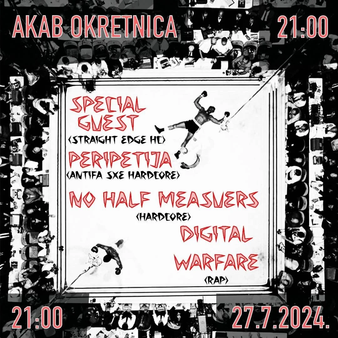 Event poster for a music event at AKAB OKRETNICA on July 27, 2024, starting at 21:00. The poster features a black-and-white overhead view of a crowded venue with a central boxing ring, and text in red and black announcing Peripetija