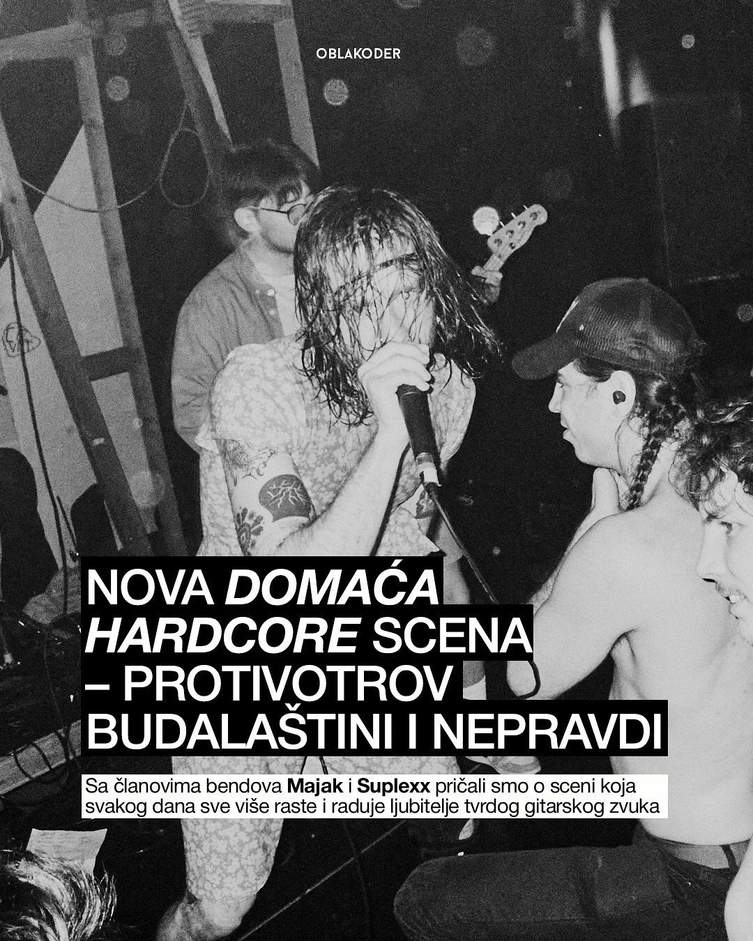 Black and white photo of a band performing live, with a singer holding a microphone and others playing instruments, at an intimate venue.