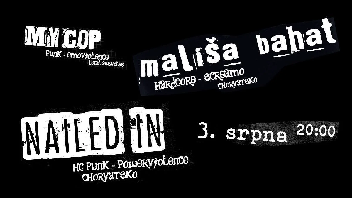 Black and white poster advertising punk concerts featuring bands Malisa Bahat and Nailed In, with event details including date, time, and venues.