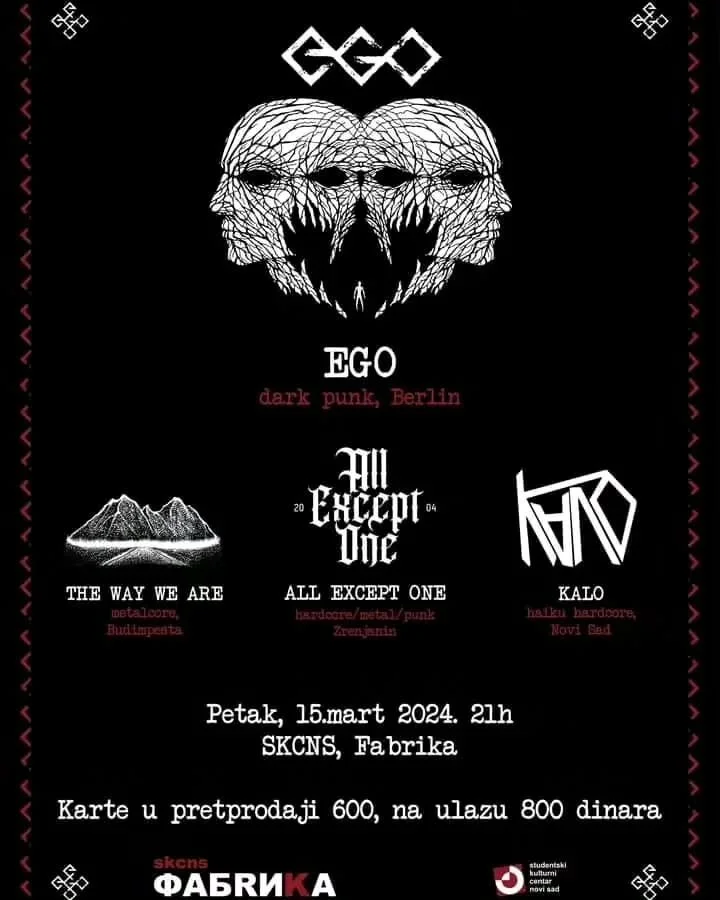 Dark-themed event poster featuring Gothic and heavy metal imagery, including a stylized skull with three faces, band logos, event details in Serbian, and a landscape illustration, promoting a concert on March 15, 2024, at SKCNS Fabrika in Novi Sad.