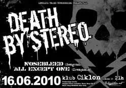 Black and white poster for Death by Stereo concert at Klub Ciklon on June 16, 2010, featuring a skull graphic in the background.