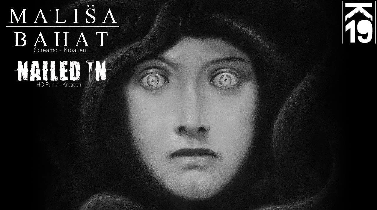 Black and white image of a woman's face with wide eyes, dark hair, and a neutral expression, with text in the upper left corner and top right corner.