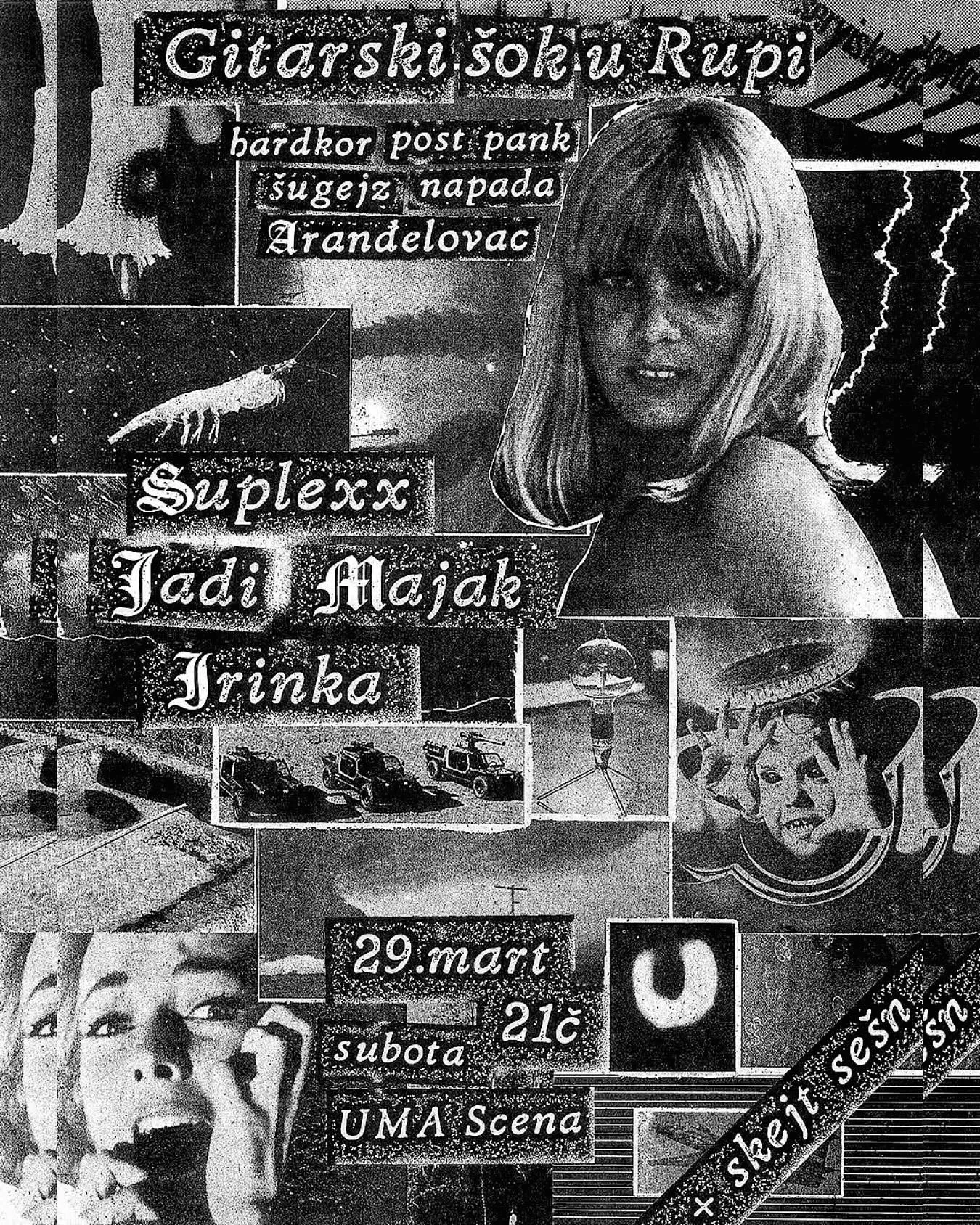 Collage of vintage style black and white images and text in Serbian, featuring a woman with blonde hair, a lobster, cars, and various symbols including lightning, a cross, and a question mark. The text includes dates, song titles, and other phrases r