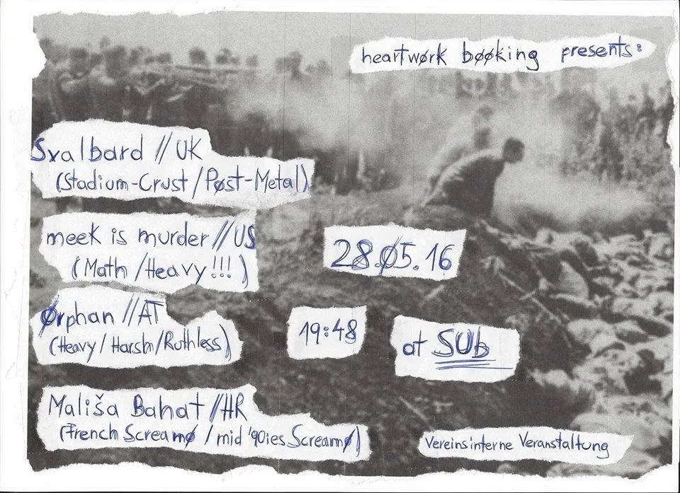 A black and white photograph with handwritten notes and cut-out paper pieces layered over it, describing a heavy metal music event at a Sub station on May 28, 2016, featuring bands from the UK and US, with scheduled times and descriptions of the musi
