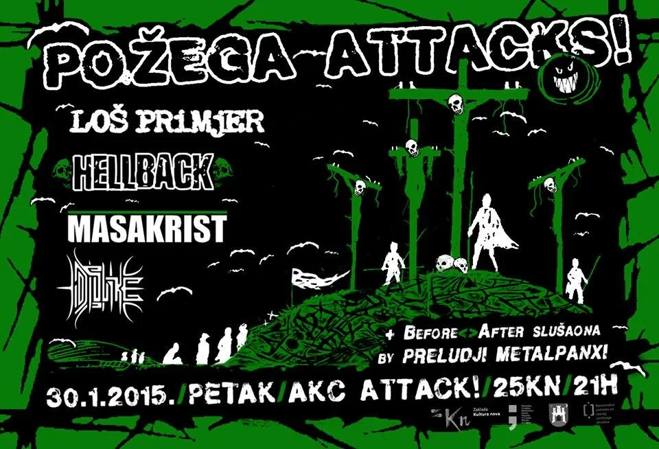 An event poster for a metal concert titled "Požega-Attack!" featuring bands Loš Primer, Hellback, Masakrist, and Duhne, scheduled for January 30, 2015, at AKC Attack at 9 PM, with ticket price of 25 KN. The poster has a black background with green an