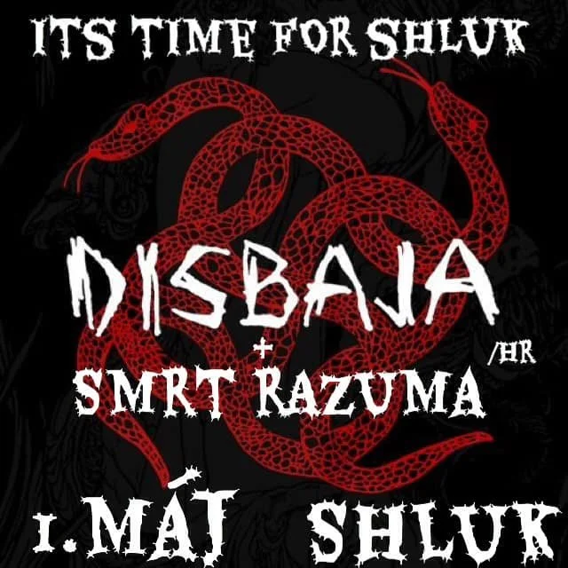 Black poster with red snake illustration and white text promoting Disbaja and Smrt Razuma.
