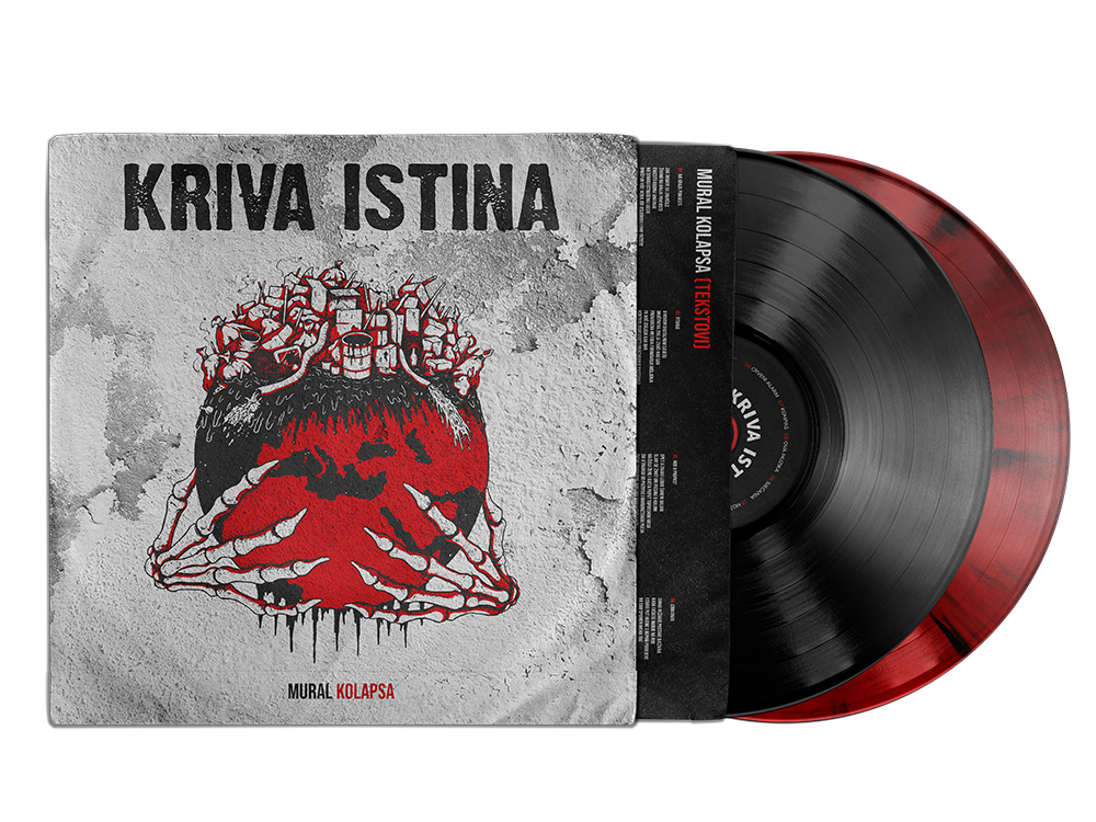 Vinyl record partially inside its album cover titled "KRIVA ISTINA." The cover features an illustration of a brain with parts of a city on top and multiple human hands reaching toward it. The album is titled "MURAL KOLAPSA."