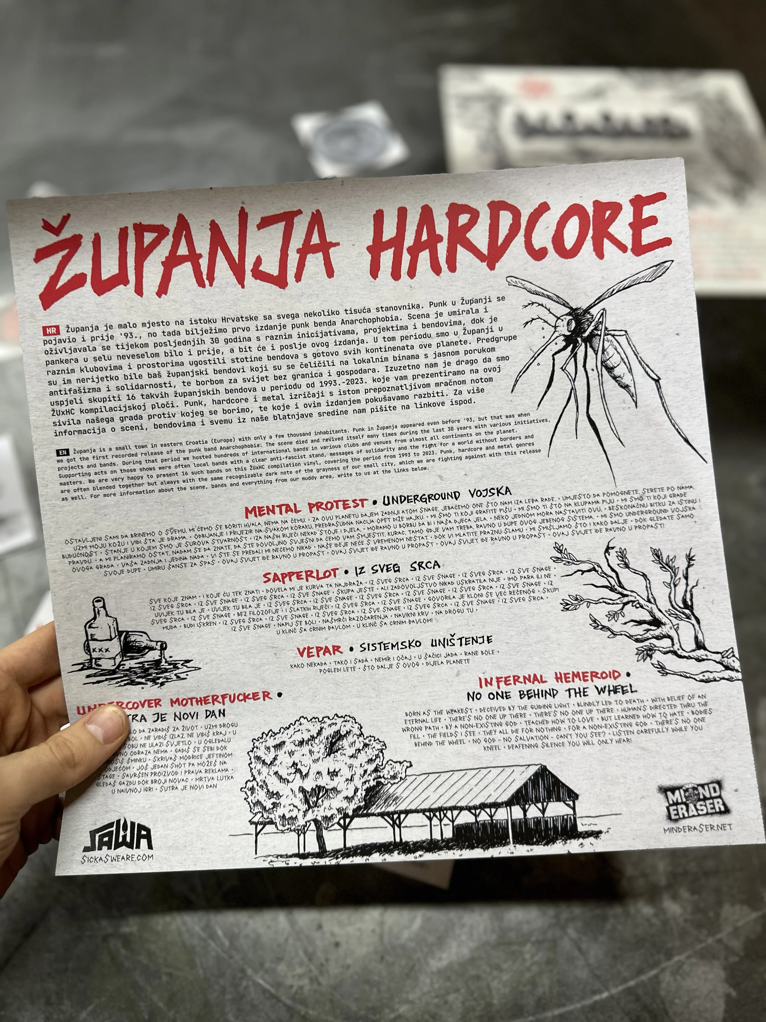 A black and white illustrated flyer titled "Županja Hardcore" with handwritten style red titles and detailed text describing underground punk scene and protest themes, including drawings of a tree and a house.