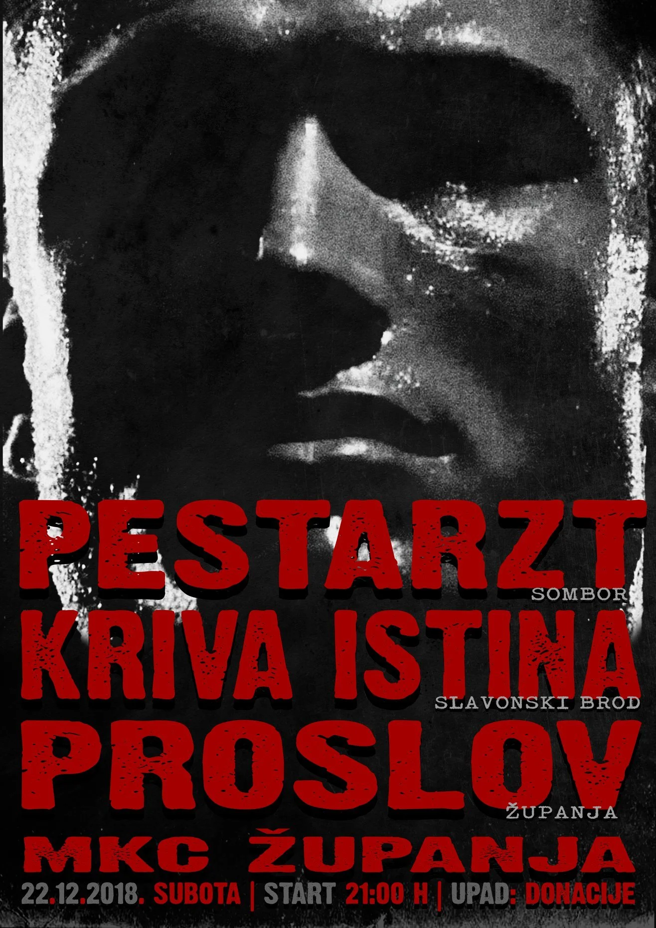Black and white poster featuring a close-up of a person's face with sunglasses, overlaid with bold red and white text in Serbian announcing an event.